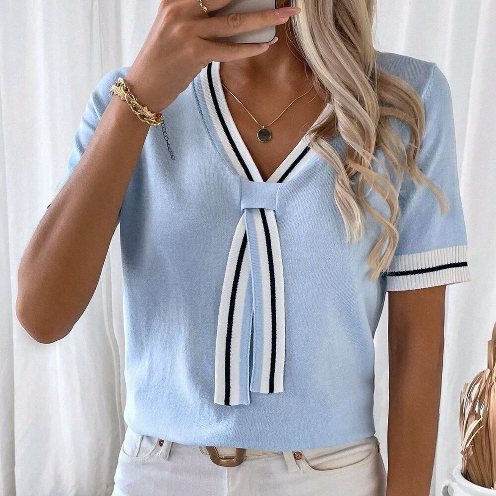 Blue Casual Women's Striped Color Block Short Sleeve Knit Top